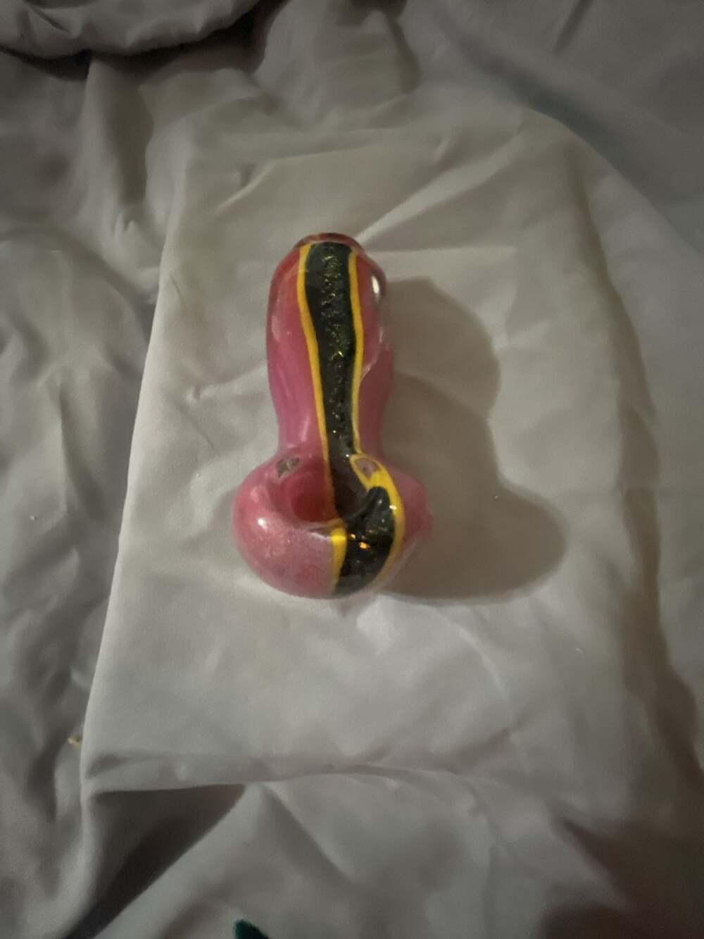 Pink and Black Glass Spoon Hand Pipe with Yellow Accents - Picture 2 of 7